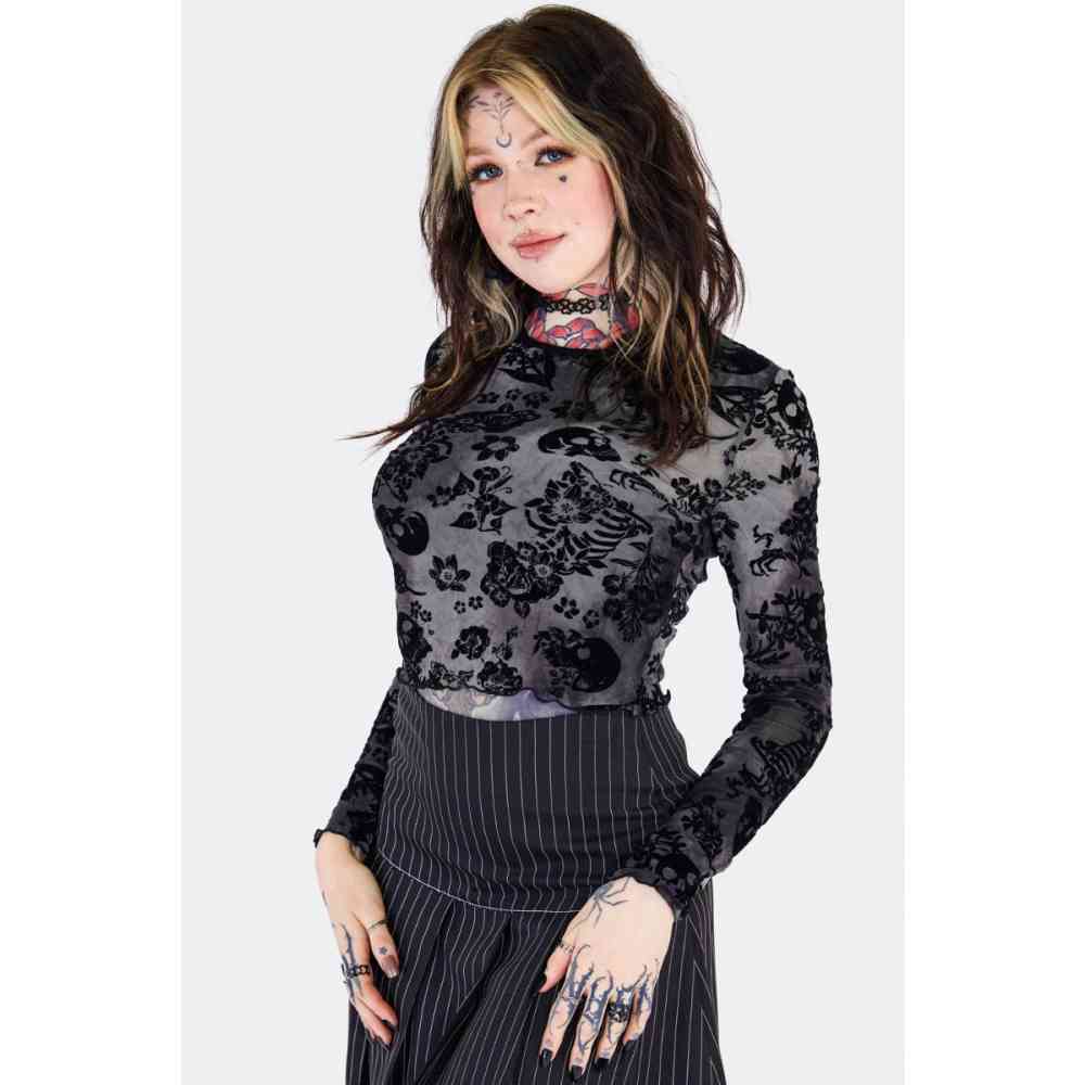 Jawbreaker - Flocked Skull Crop top - Grey